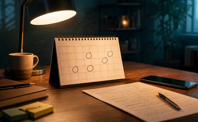 Calendar on a desk showing end-of-month dates circled with a phone and negotiation notes beside it