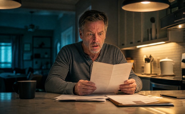Man in his early fifties at a kitchen counter staring at a hospital bill with a shocked and overwhelmed expression