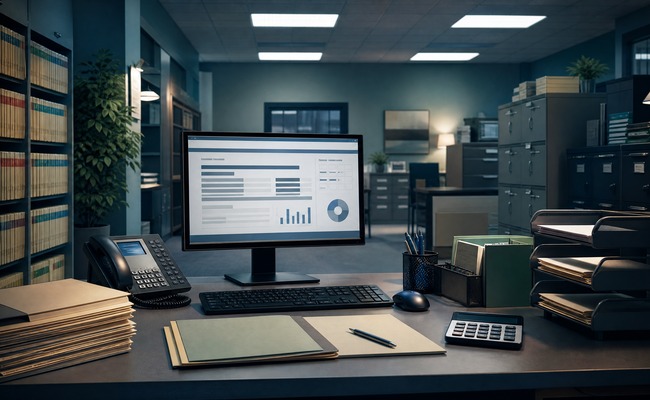 Hospital billing department office with stacks of patient files and a computer showing account records
