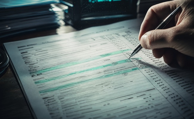 Close-up of a detailed itemized hospital bill with line items highlighted and a pen marking errors
