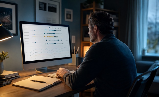 Person at a computer researching healthcare pricing data with comparison charts visible on screen
