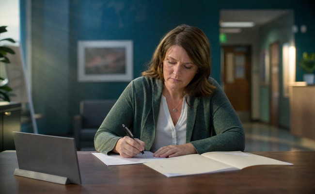 Woman in her forties filling out a financial assistance application form at a hospital desk
