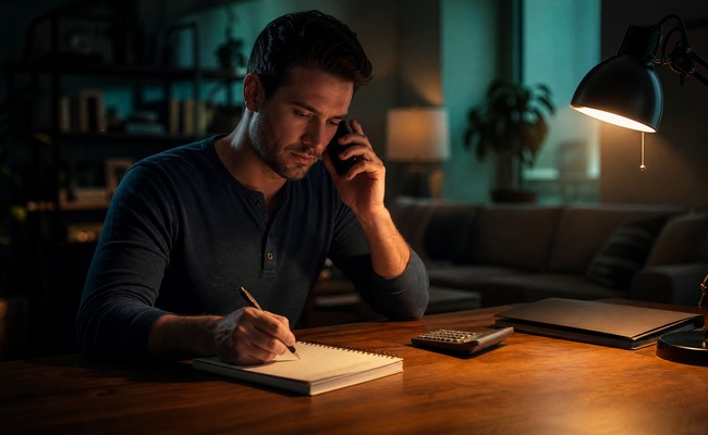 Man in his thirties on the phone with a notepad taking notes during a billing negotiation call
