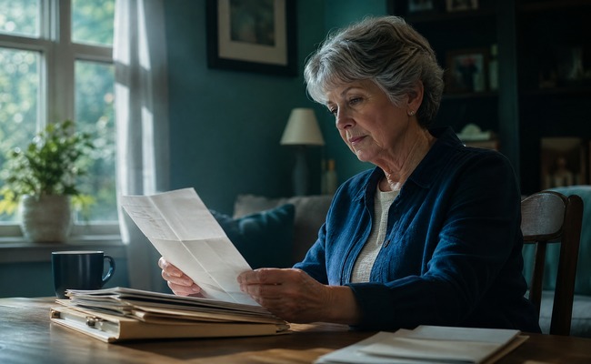Woman in her sixties reviewing a collection notice next to her original hospital billing records
