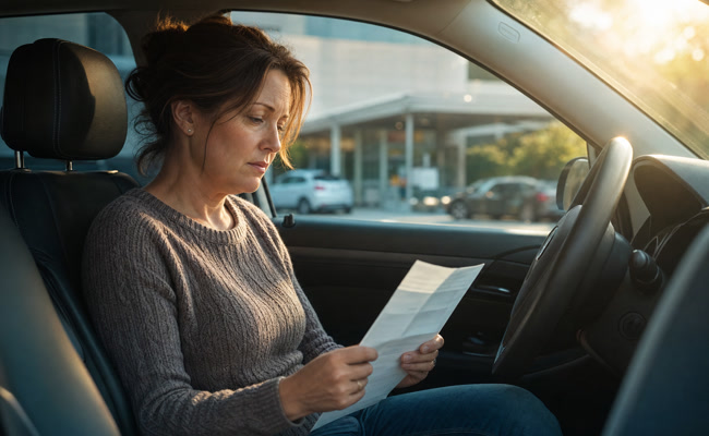 Woman in her mid-forties sitting in a car in a hospital parking lot holding a medical bill with a distressed expression
