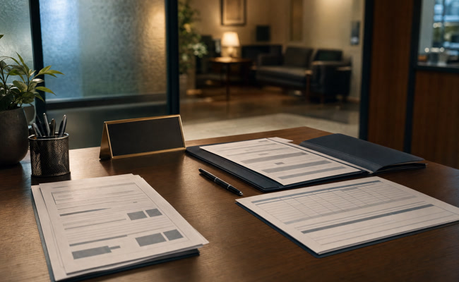 Hospital financial assistance office with application forms and income guidelines displayed on a desk