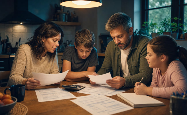 Family of four reviewing financial documents together at a kitchen table with a calculator and pay stubs