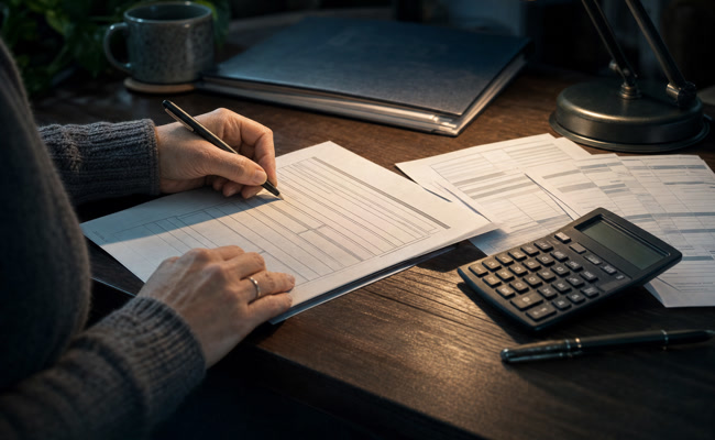 Person filling out a hospital financial assistance application form with tax returns and pay stubs beside them