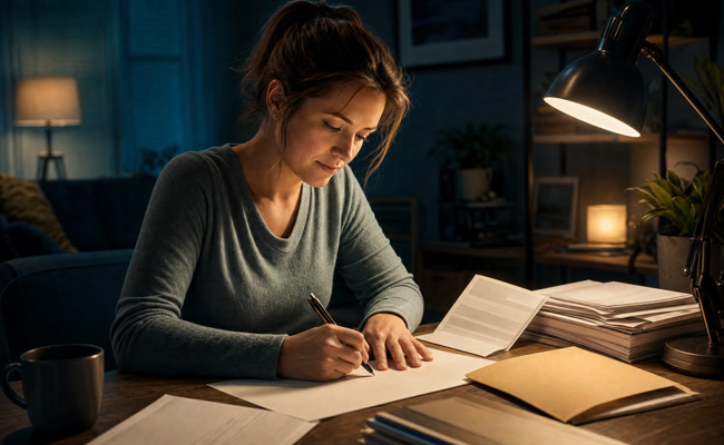 Woman in her thirties writing an appeal letter at her desk with a denial notice and additional financial documents