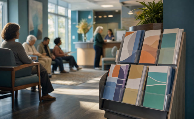 Community health center waiting room with informational brochures about patient financial assistance programs