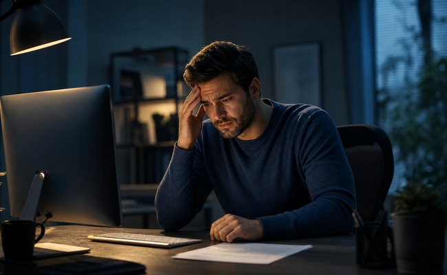 Man in his early thirties sitting at a computer looking distressed after realizing he paid a fraudulent company