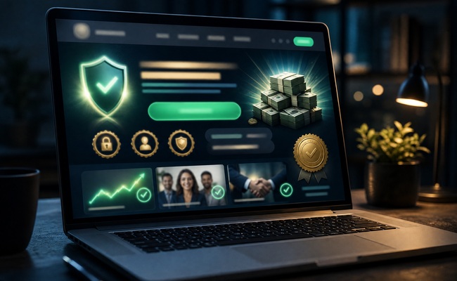 Fake professional-looking debt relief website on a laptop screen with flashy promises and guarantees displayed