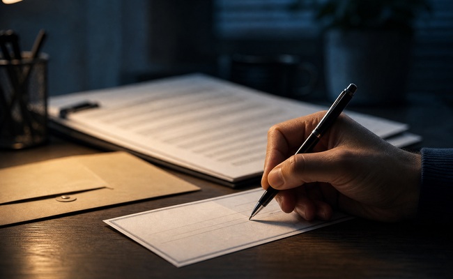 Close-up of a hand signing a check with a deceptive contract visible in the background on a desk