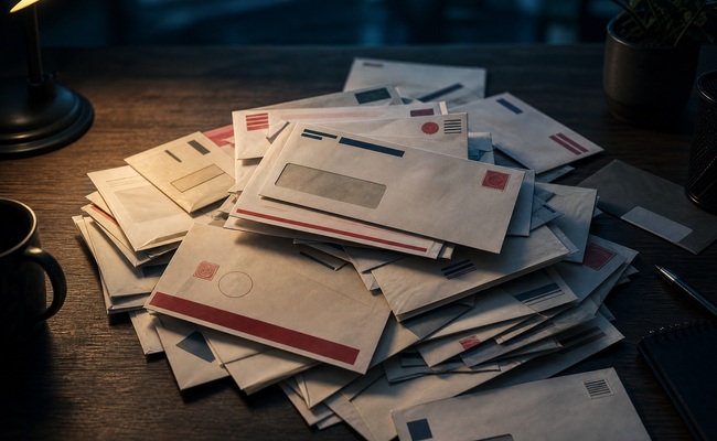 Pile of unopened collection letters and legal notices stacked on a kitchen counter being ignored