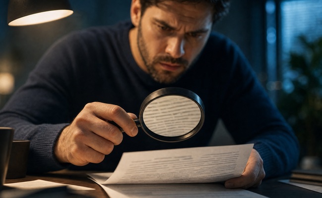 Person reading fine print on a contract with a magnifying glass showing confusing and vague language