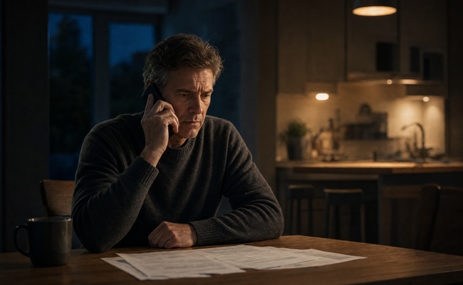 Man in his fifties at kitchen table with phone in hand looking pressured by an aggressive caller