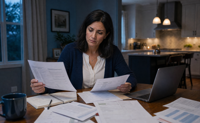 Woman comparing debt relief options comparison at a dining table with paperwork and laptop