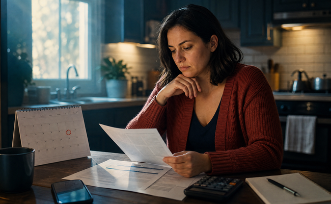 Woman reviewing a payday loan debt trap agreement at a table with a calendar and budget worksheet