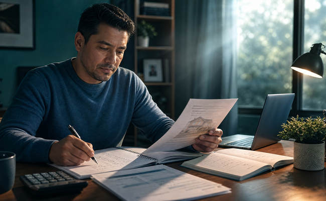 man reviewing a high debt to income ratio monthly payment worksheet and household budget