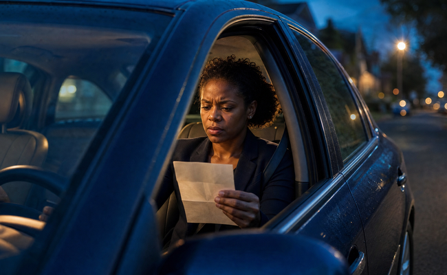 A woman reads court judgment paperwork in her parked car as she considers how to negotiate debt after judgment.