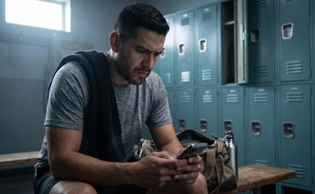 A worried man reads a debt collector text or email on his phone in a gym locker room.