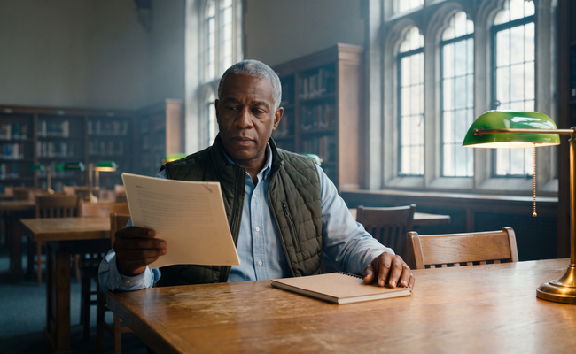 A man in a library reading room studies a debt settlement agreement before signing it.