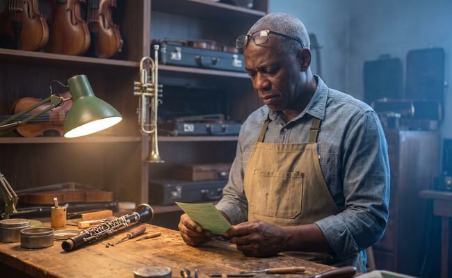 A man at his repair shop workbench holds a certified mail receipt after a debt collector will not stop calling.