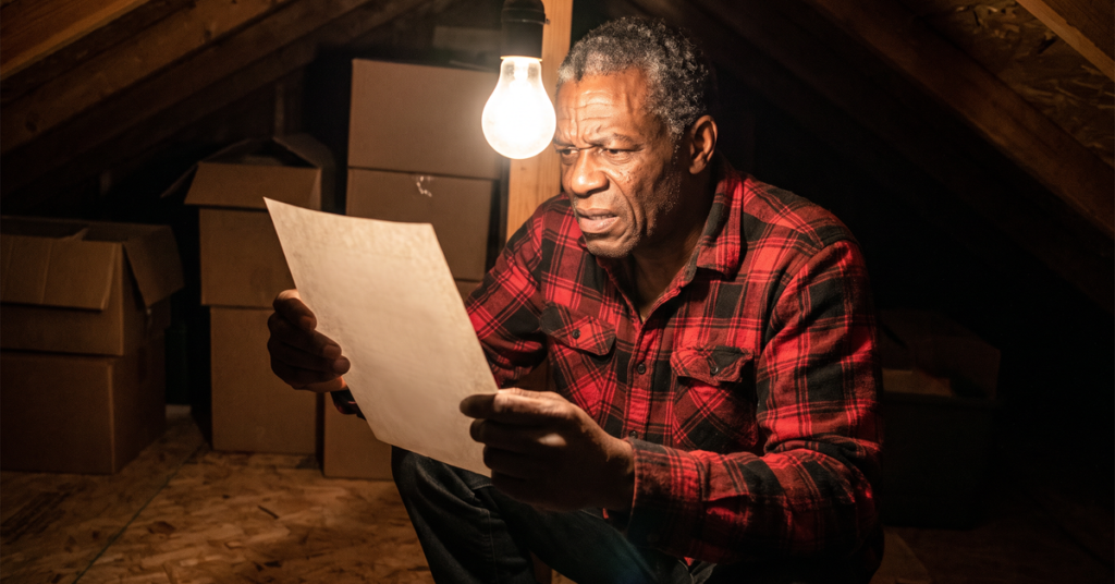 A man in a dark attic holds a single page up to a bare bulb as he begins to document debt collector violations from fourteen months of saved mail.