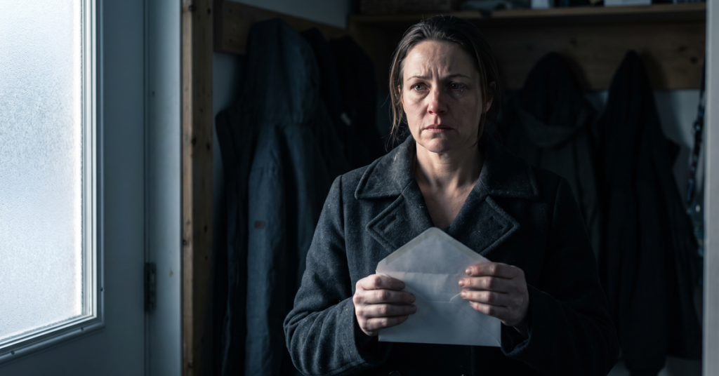 A woman in a dim mudroom grips a collection letter that claims a creditor can garnish a spouse's wages within thirty days.