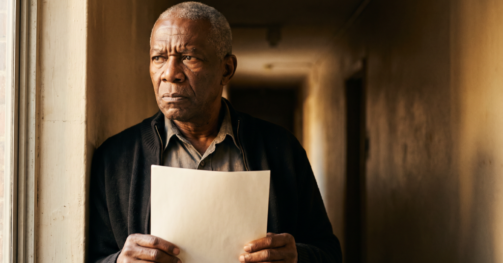 A retired man in a dim apartment corridor looks up from a letter after learning that someone moved to take your Social Security benefits without a court ever calling him in.