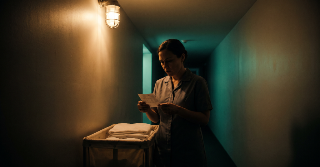A hotel housekeeper stands alone in a dim service corridor at night reading a shortened pay stub and realizing she has days left to claim a garnishment exemption.
