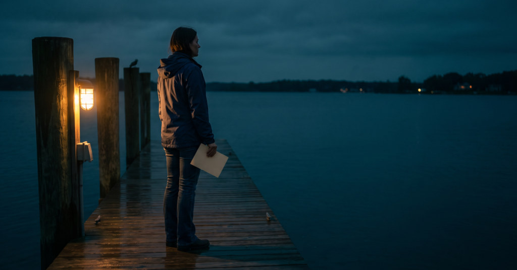 A woman on a marina dock at dusk holding a bank card after learning she must claim a bank levy exemption to reach her own money.