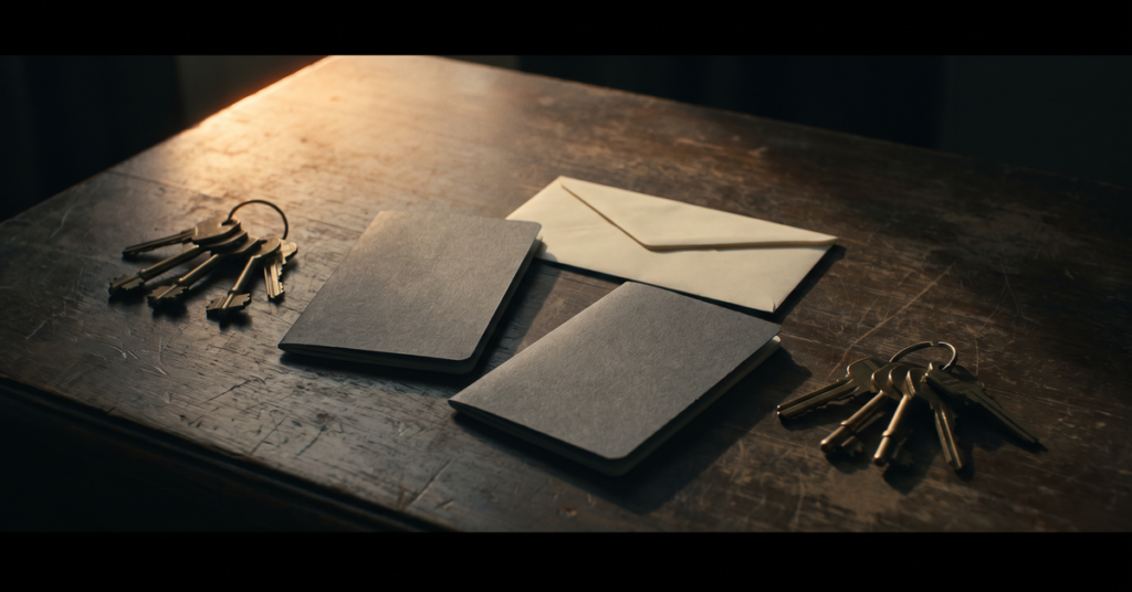 Two blank passbooks and two sets of keys on a dark table, showing what is at stake when creditors take money from a joint account.