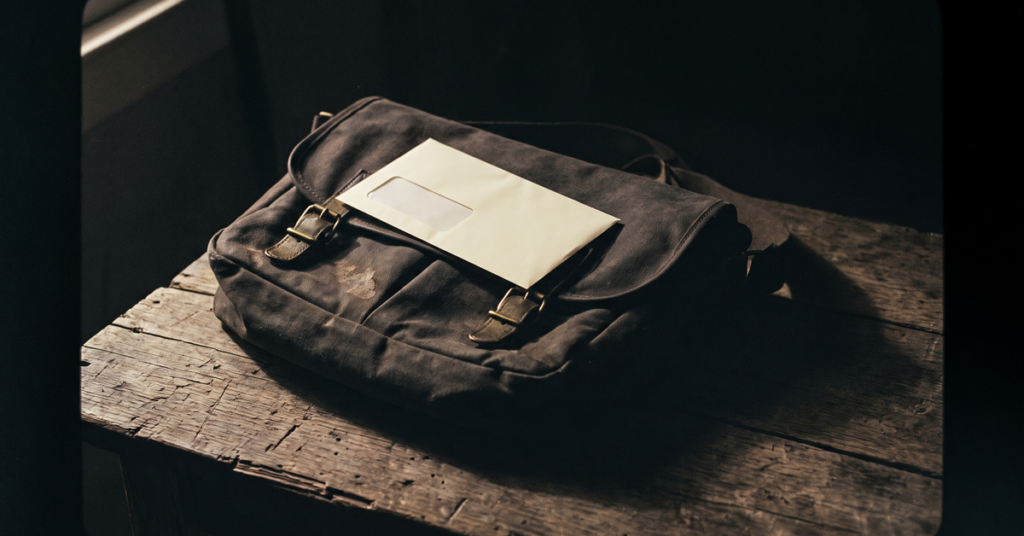 A sealed unopened envelope resting on a mail carrier's satchel, the way a post judgment discovery request arrives before anyone reads it.