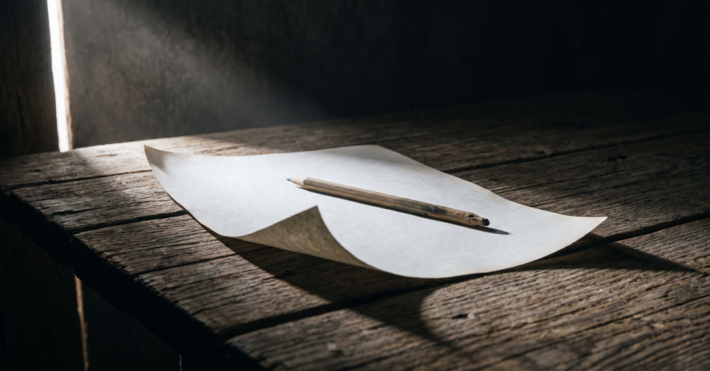 A single sheet of paper lying face down on a plank table with a pencil across it, the document a reader must read closely to challenge an incorrect judgment.