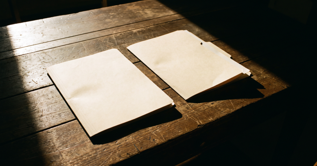 Two identical unmarked document folders side by side on a plank table, one closed and one lifted, the paperwork that decides whether you settle a debt before judgment for good.