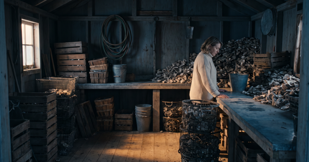 Woman pausing her work in a dockside shucking house while weighing credit freeze vs fraud alert after a fraudulent account appears in her name