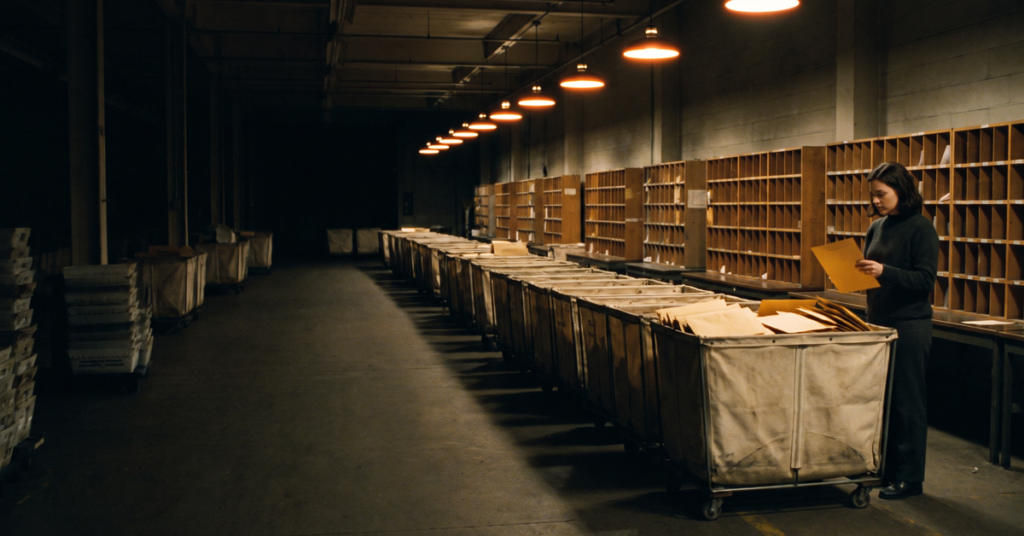 Night mail sorting room with one envelope lifted from a hamper of identical envelopes explaining how to remove identity theft accounts
