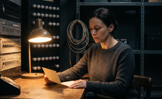Night dispatch operator reading a folded notice on how to respond to a data breach notice under a single desk lamp