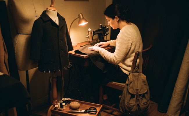 Seamstress at a treadle machine wondering where she can find out how to freeze your child's credit
