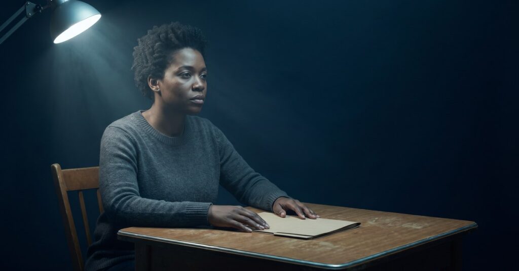 A woman sits alone at a table at night with her hands resting on a closed folder after reading how to build credit with no history.