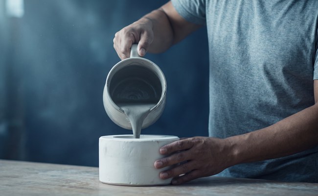 A potter pours liquid clay slip from a jug into a plain plaster mould on a workbench.