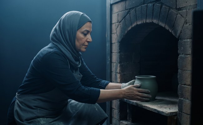 A potter crouches at an open kiln and places a single unfired vessel inside on a bare shelf.