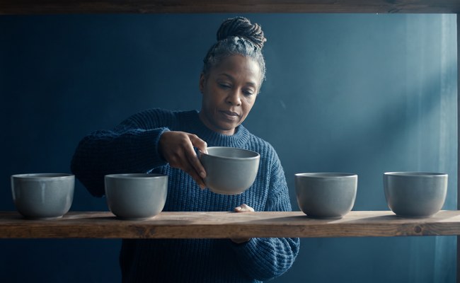 A potter lifts one finished grey-glazed bowl from a plank shelf holding several evenly spaced vessels.