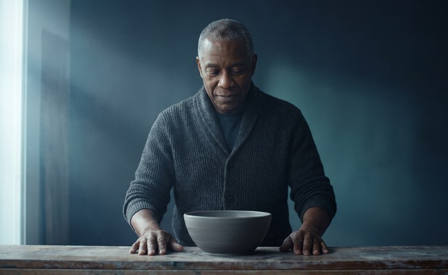 A potter stands at his bench with both hands resting either side of a single finished bowl, looking down at it.
