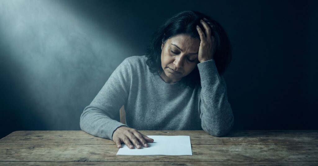 A woman sits at a table at night with one hand to her forehead after learning how to rebuild credit after late payment.
