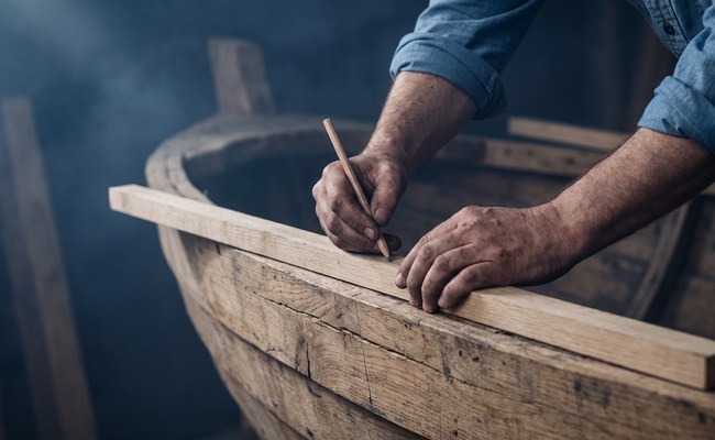 Weathered hands hold a plain timber batten against a cracked plank, marking the length of the damage with a pencil.
