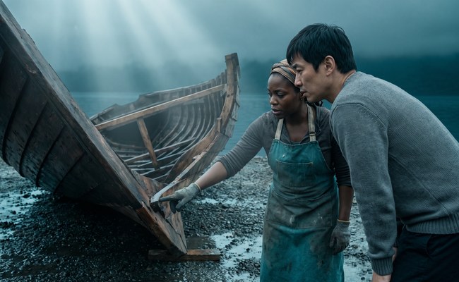 Two people crouch at the keel of a wooden boat, one pointing at where a plank meets a frame while the other follows the explanation.
