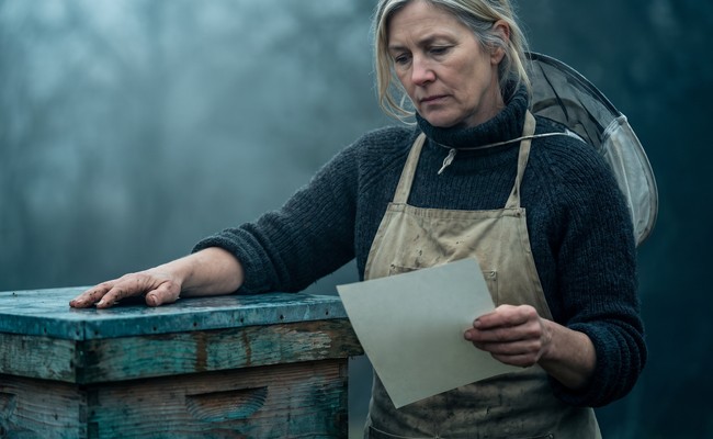 A beekeeper stands at a hive holding a collection letter for a debt that belongs to someone else.
