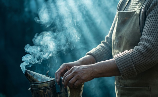 Hands working calmly at an open hive in drifting smoke, the settled approach a merged credit file requires.
